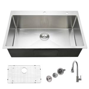 lot 1126 image: Jshozzy 33x22 Drop In Kitchen Sink with Faucet, Top Mount Stainless Steel Kitchen Sink 33 Inch Drop In Sink 18 Gauge Handmade Single Bowl Deep Basin - Retail $229