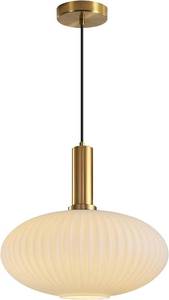 lot 1128 image: KCO Lighting Large Milk Glass Pendant Lighting Kitchen Island Brushed Brass Globe Pendant Light Mid Century Modern Hanging Light Fixture Gold White Pendant Light - Retail $108