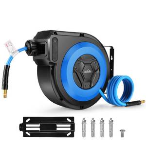 lot 1136 image: Himimi 50FT  6.6FT Retractable Air Hose Reel, CeilingWall Mount Penumatic Hose Reel for Garage Workshop, Auto Rewind, 38 x 50 Hybrid Air Hose Reel with Brass Fittings  Bend Restrictors, 300PSI - Retail $90