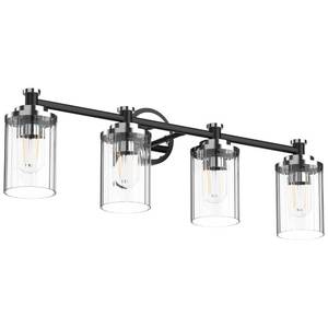 lot 1139 image: PHIXART Bathroom Lighting Fixtures Black and Chrome Bathroom Vanity Light with Cylindrical Clear Stripes Glass Lampshade E26 Socket Base Bathroom Lighting Fixtures Over Mirror (4 Lights) - Retail $80