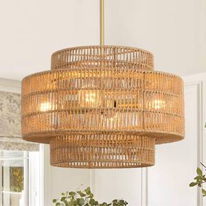 lot 1153 image: SMLERAY 17.7Boho Rattan Chandelier for Dining Room, 4-Light Hand Woven Pendant Light Fixture Farmhouse Rustic Ceiling Hanging for Kitchen Island Bedroom Living Room Nursery Foyer - Retail $109