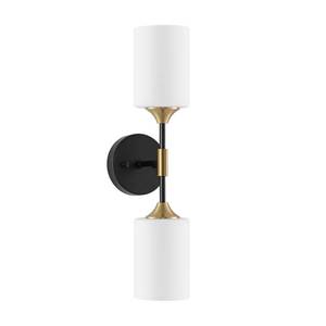lot 1159 image: BYOLIIMA Industrial Mid Century Wall Sconce 2-Lights with White Cylinder Glass Shades Modern Bathroom Vanity Wall Lamp Matte Black and Gold Brushed Brass Finished Wall Light Fixture - Retail $70