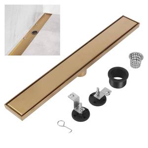 lot 1171 image: AiVeUao Linear Shower Drain, Gold 304 Stainless Steel Rectangle Shower Floor Drain, 24 inch with 2 in 1 Tile Insert and Flat Panel, Linear Drain with Adjustable Feet,Hair Filter - Retail $49