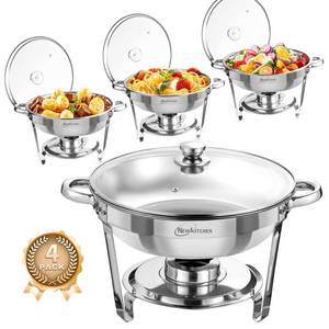 lot 1174 image: Chafing Dishes for Buffet 4 Pack, 5 QT Round Chafing Dishes for Buffet Transparent Glass Cover Stainless Steel Chafing Dish Buffet Set for Any Party - Retail $140