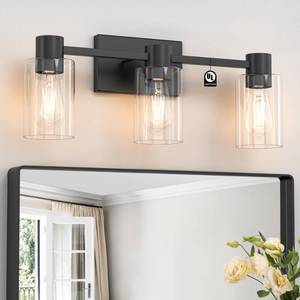 lot 1177 image: Esfos 3-Light Matte Black Wall Sconces for Bathroom, Modern Vanity Light Fixtures Over Mirror, Bathroom Light Fixtures with Clear Glass Shade, E26 Wall Sconces for Living Room, Hallway - Retail $34