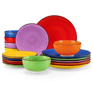 lot 1183 image: vancasso Bonita Dinnerware Set Muticolor Stoneware 18 Pieces Service for 6, Handpainted Spirals Pattern Stoneware Plates and Bowls Set - Retail $100