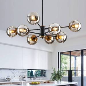 lot 1185 image: DDLLDESHI 8-Light Sputnik Black Chandelier with Globe Glass Black and Gold Pendant Lights Bubble Light Chandeliers for Dining Room Farmhouse Kitchen Living Room Bedroom Office - Retail $110