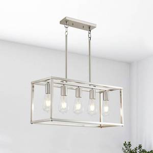 lot 1997 image: Lanhall 5-Light Pendant Lights for Kitchen Island Modern Dining Room Chandelier Linear Rectangular Kitchen Light Fixtures Hanging Lights for Dining Room Adjustable Height E26 Base Brushed Nickel - Retail $100