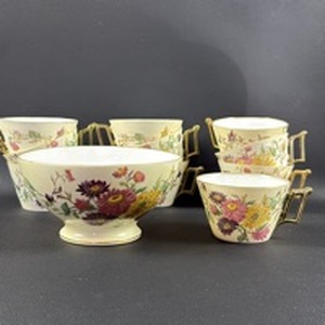 lot 36 image: Vintage Limoges Tea Cups (10) and Footed Serving Bowl (1) with Chrysanthemum Pattern and Gold Trim