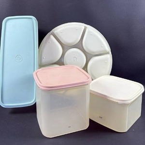 lot 39 image: Tupperware Food Storage Containers (17 cup, 11 cup and Loaf Size) and Tupperware Divided Tray with Dip Container