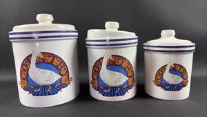 lot 119 image: Cute Century Stoneware Goose Country Crocks Set (one lid is wonky)