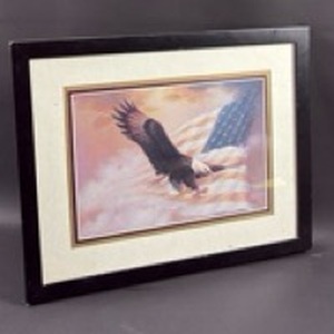 lot 121 image: Framed and Matted Bald Eagle and American Flag Art Print 15 inch by 12 inch