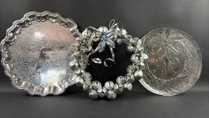 lot 122 image: Silver Plate Round Platter (Approximately 15 inch Diameter) Wreath Embossed Glass Plate and Jumbo Jingle Bells Wreath