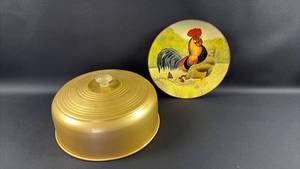 lot 170 image: Gold Anodized Aluminum Cake Carrier Lid with Vintage Rooster Decorative Plate (10 inch diameter)