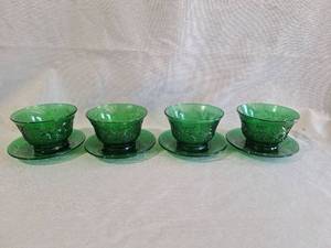 lot 60 image: Anchor Hocking Forest Green Glass Sandwich Dessert Custard Cups Underplate
