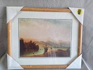 lot 78 image: Framed Mountain Lake Landscape Print with Horseback Riders