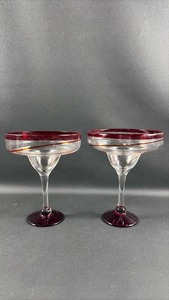 lot 98 image: (2) Jumbo MargaritaDaiquiri Glasses with Red Decorative Swirl and Rim