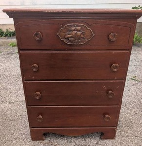 lot 501 image: Colonial Style Wooden Chest of Drawers with Ship Carving