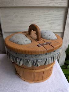 lot 1504 image: Wooden Sewing Basket with Fabric Liner and Pincushions - 10.5 in tall