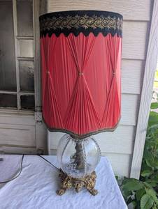 lot 1535 image: Ornate Glass Table Lamp with Red Fabric Shade -30 in tall