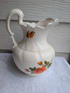 lot 1702 image: White Ceramic Pitcher with Orange Rose Pattern