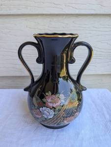 lot 1708 image: Japanese Satsuma Peacock and Peony Two-Handle Vase - 8 in