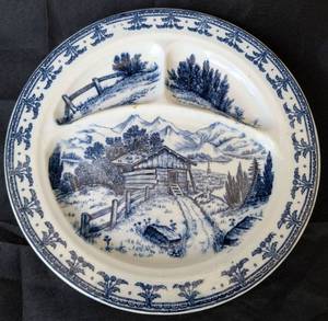 lot 2002 image: English Staffordshire Blue Transferware Portions Plate with Landscape Scene
