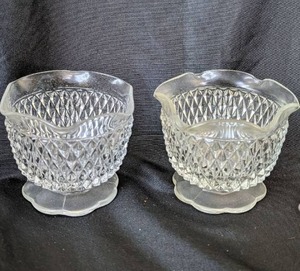 lot 2036 image: Crystal Glass Diamond Pattern Sugar Bowl and Creamer Set