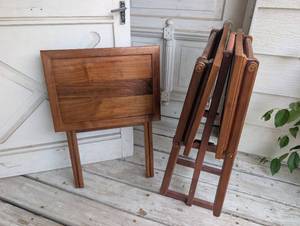 lot 2500 image: Mid Century Modern Teak Folding TV Tray Set with Stand - 3ct