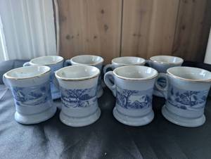lot 2505 image: Blue and White Country Scene Ceramic Coffee Mugs -Set of 8