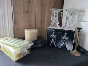 lot 3002 image: Crystal Candlestick Set with Hanging Prisms and Brass Taper Holder