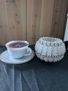 lot 3005 image: Porcelain Teacup Candle  Crystal Beads Candle Holder