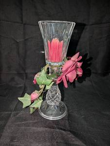 lot 3123 image: Crystal Glass Candlestick Holder Set with Diamond Cut Pattern