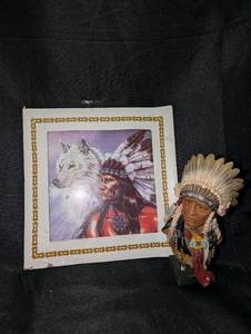 lot 3129 image: Native American Chief Figurine with Feather Headdress and Wolf Print