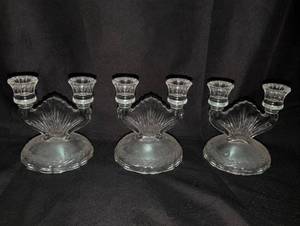 lot 3135 image: Three Crystal Glass Candlestick Holders with Etched Pattern