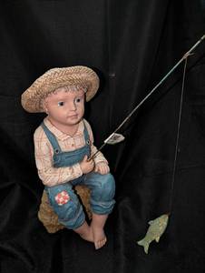 lot 3142 image: Porcelain Fishing Boy with Straw Hat and Fishing Rod - 14 in