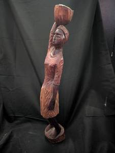 lot 3148 image: Hand Carved Wooden African Figure with Vessel - 23 in