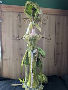 lot 3502 image: Decorative Green Dress Form Jewelry Stand with Victorian Style Gown