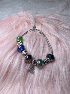 lot 3504 image: Chamilia Sterling Silver Charm Bracelet with Glass Beads and Heart Charm