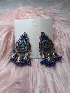 lot 3512 image: Blue Beaded Jhumka Style Chandelier Earrings