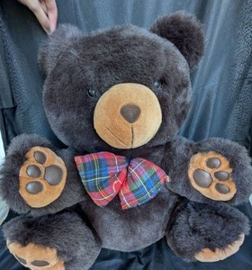 lot 4003 image: Black Teddy Bear with Plaid Bow - 21 in