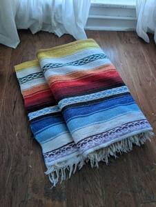 lot 4607 image: Mexican Serape Blanket with Colorful Stripes and Fringe