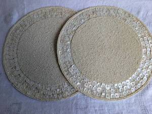 lot 4616 image: Pearl Beaded Round Placemats Set of 2 - 13 Inch Ivory Natural