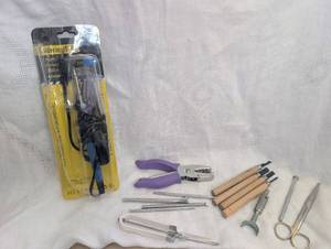 lot 4627 image: Soldering Iron  Wood Carving Tools and Pliers Set