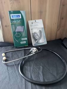 lot 5013 image: Medical Equipment Bundle - Stethoscope ReliOn Blood Pressure Cuff Motorola Earpiece