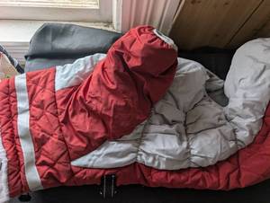 lot 5024 image: Red and Gray Quilted Dog Jacket with Hood