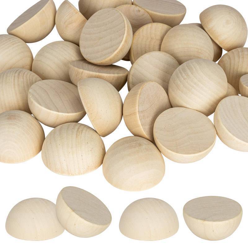 lot 26624 image: 30PCS 2 inch Unfinished Round Wood Half Sphere Balls, 50mm Small Natural Wooden Half Split Balls for Crafts and DIY Decorative Projects - Retail $24