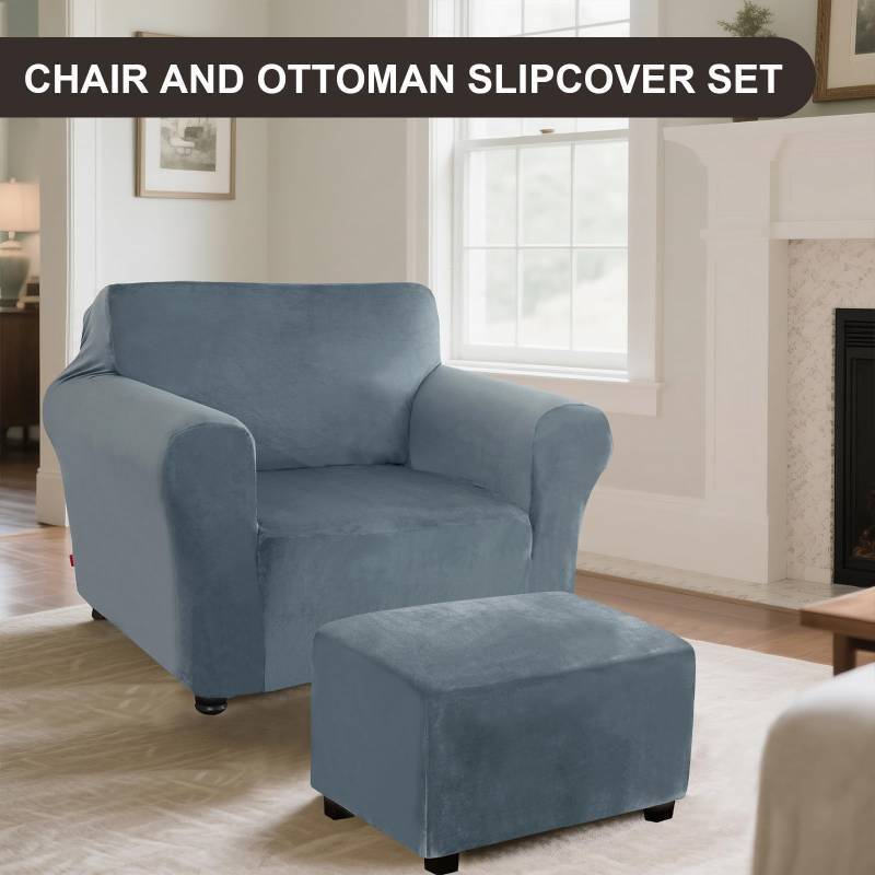 lot 72369 image: Chair and Ottoman Cover Set, Armchair and Ottoman Velvet Cover Non-Slip, Stretch Single Seat Sofa and Foot Stool Covers Set for Living Room (Grey Blue,Chair  Ottoman) - Retail $68