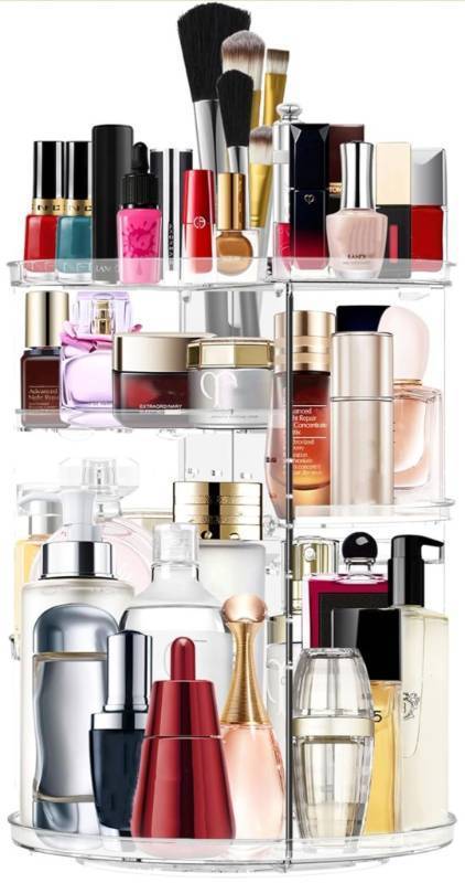 lot 72396 image: Makeup Organizer 360 Rotating Cosmetic Organizer DIY Adjustable Makeup Carousel Spinning Holder Rack, Large Capacity Cosmetic Storage Box Makeup Brushes Organizer for Vanity Countertop - Retail $18