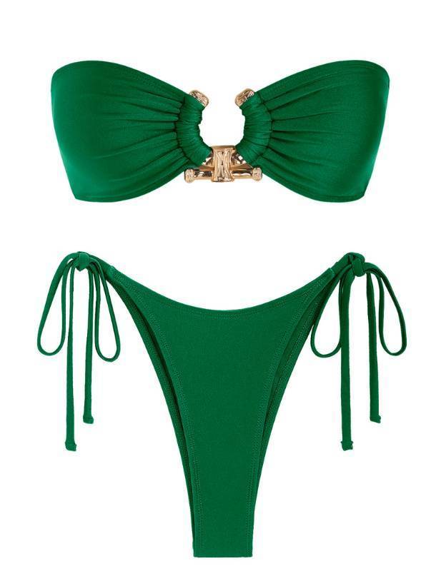 lot 72414 image: Womens Bikini Swimsuits Strapless Cheeky High Cut Thong Bathing Suit Hawaii Beach Wear Shiny Deep Green M - Retail $35
